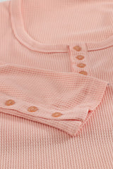 Pink Ribbed Scoop Neck Casual Long Sleeve Henley Shirt for Women