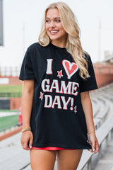 Black I Love GAME DAY Heart Printed Crewneck T Shirt