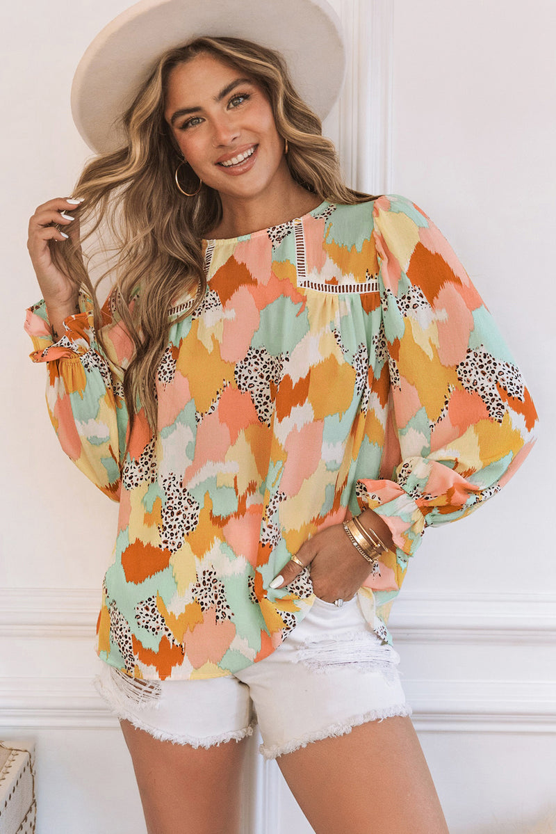 Multicolor Abstract Print Boho Ruffle Puff Sleeve Blouse