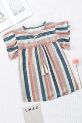 Pink and Blue Stripes Shirt Flutter Sleeve V Neck Blouse for Women