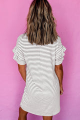 White Stripe Ruffle Short Sleeve T Shirt Mini Dress