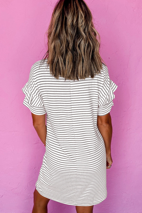 White Stripe Ruffle Short Sleeve T Shirt Mini Dress