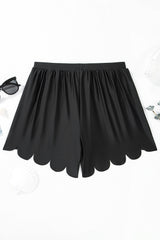 Black Scallop Trim Drawstring Beach Shorts