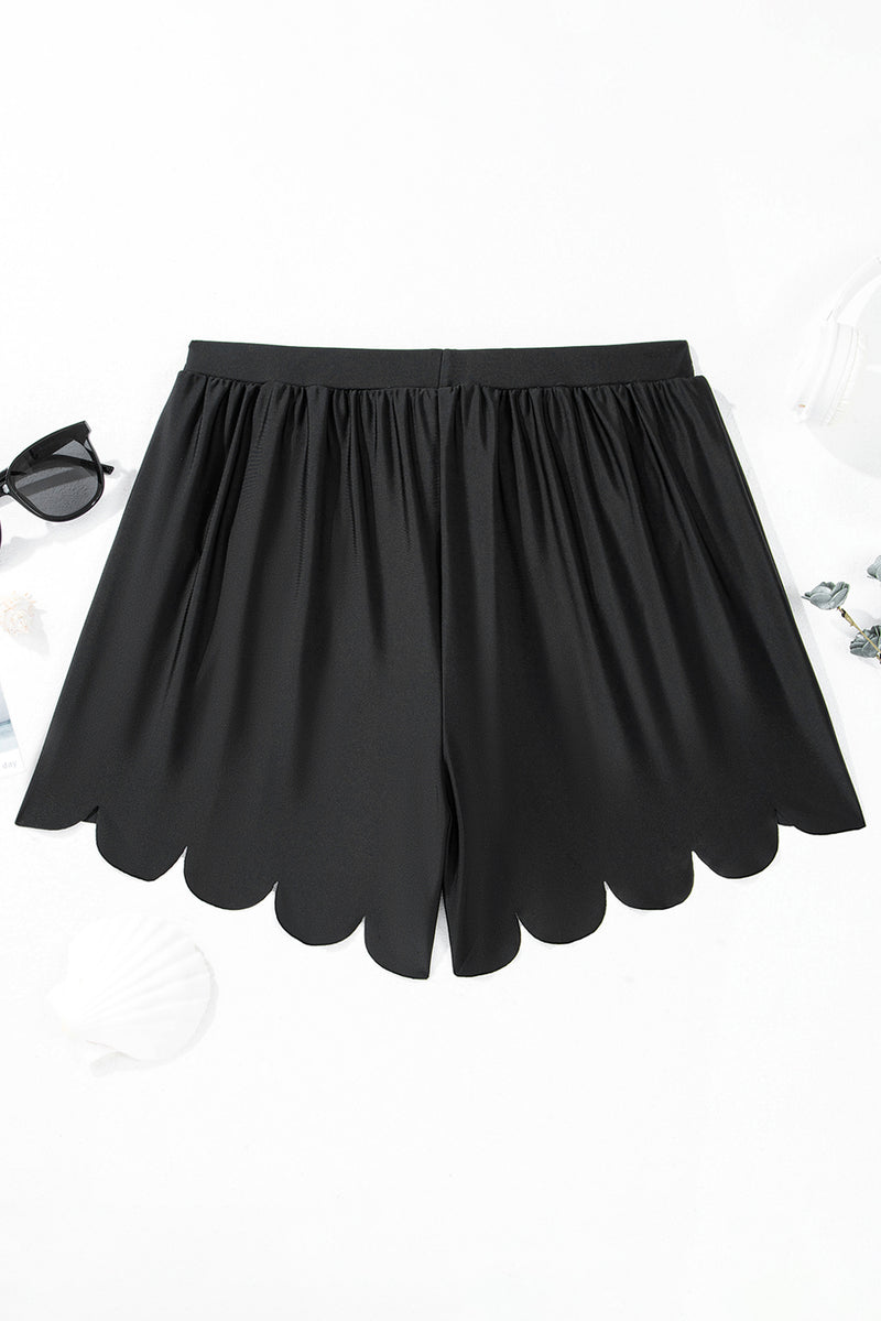 Black Scallop Trim Drawstring Beach Shorts