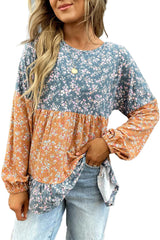 Orange Ditsy Floral Color Block Ruffle Hem Long Sleeve Top