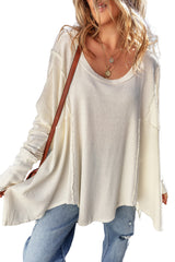 White Waffle Knit Exposed Seam Round Neck Oversized Top