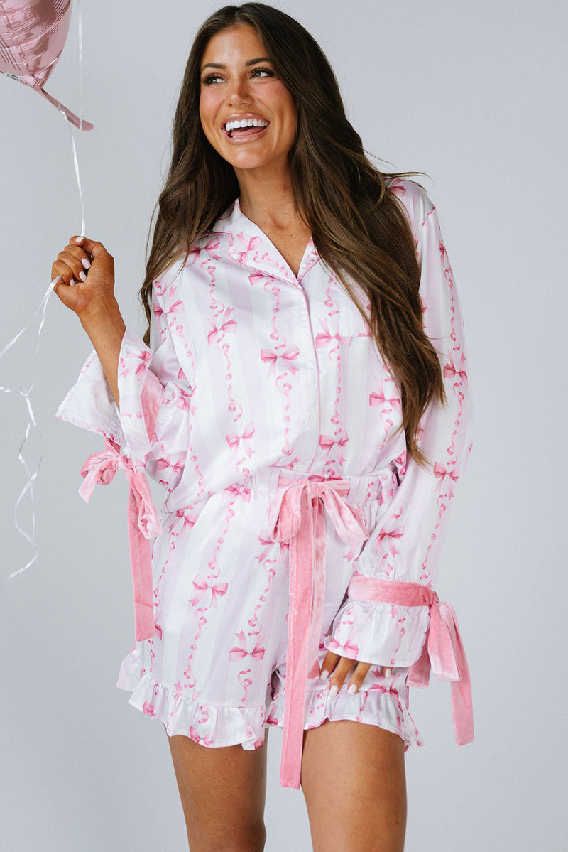 Pink Bow Print Bell Sleeve Shirt and Ruffle Hem Shorts Pajama Set