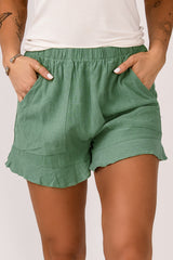 Green Casual Pocketed Ruffle High Waisted Shorts