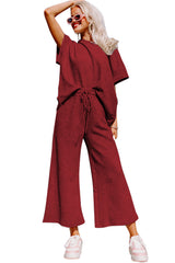 Red Dahlia Textured Loose Fit T Shirt & Drawstring Pants Set