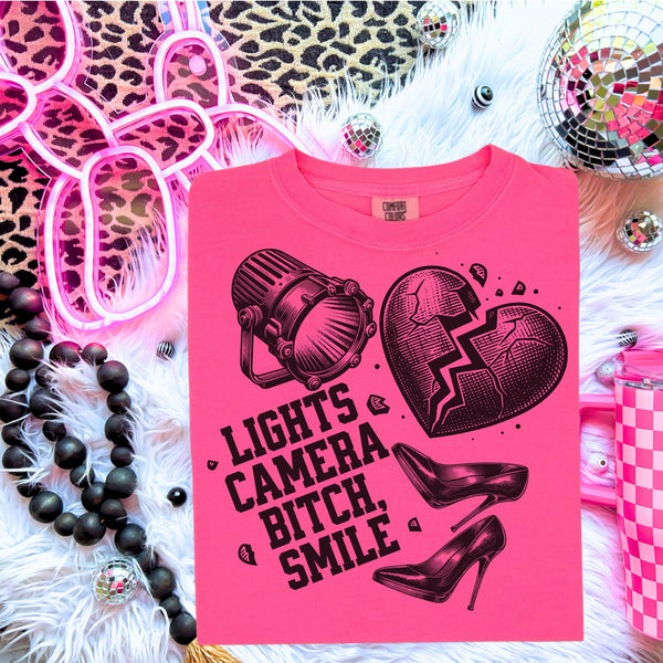 Lights camera bitch smile, Taylor tee (adult or youth