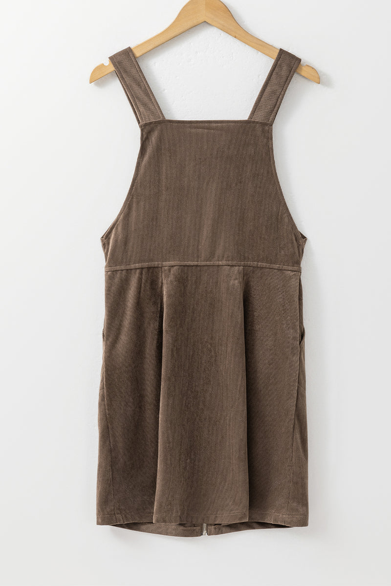 Brown Pockets Zip Up Ribbed Overall Dress