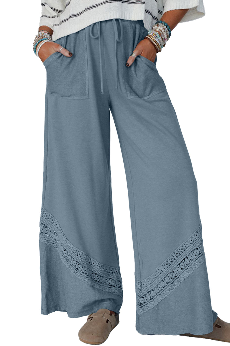 Dusk Blue Lace Crochet Patchwork Drawstring High Waist Wide Leg Pants