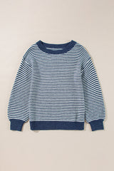 Sail Blue Striped Drop Shoulder Lantern Sleeve Sweater