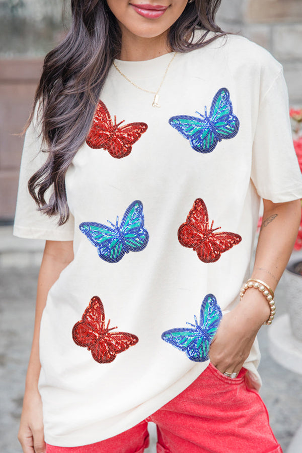 White Casual Sequin Butterfly Graphic T Shirt