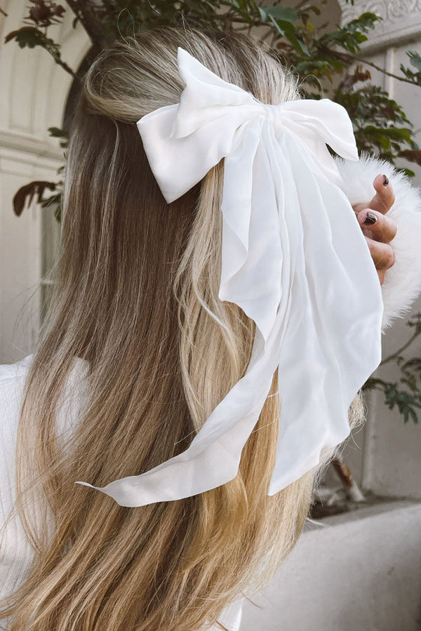 White Elegant Oversized Ribbon Bowknot Satin Hair Clip