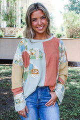 Sail Blue Waffle Patchwork Flower Sweatshirt