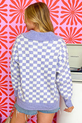 Purple Checkered Collared Buttons Plus Size Sweater