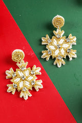 Gold Christmas Snowflake Rhinestone Rice Beaded Drop Earrings