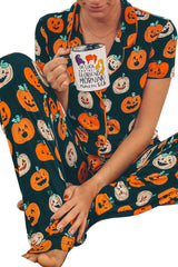 Orange Halloween Pumpkin Short Sleeve Shirt Pajama Set