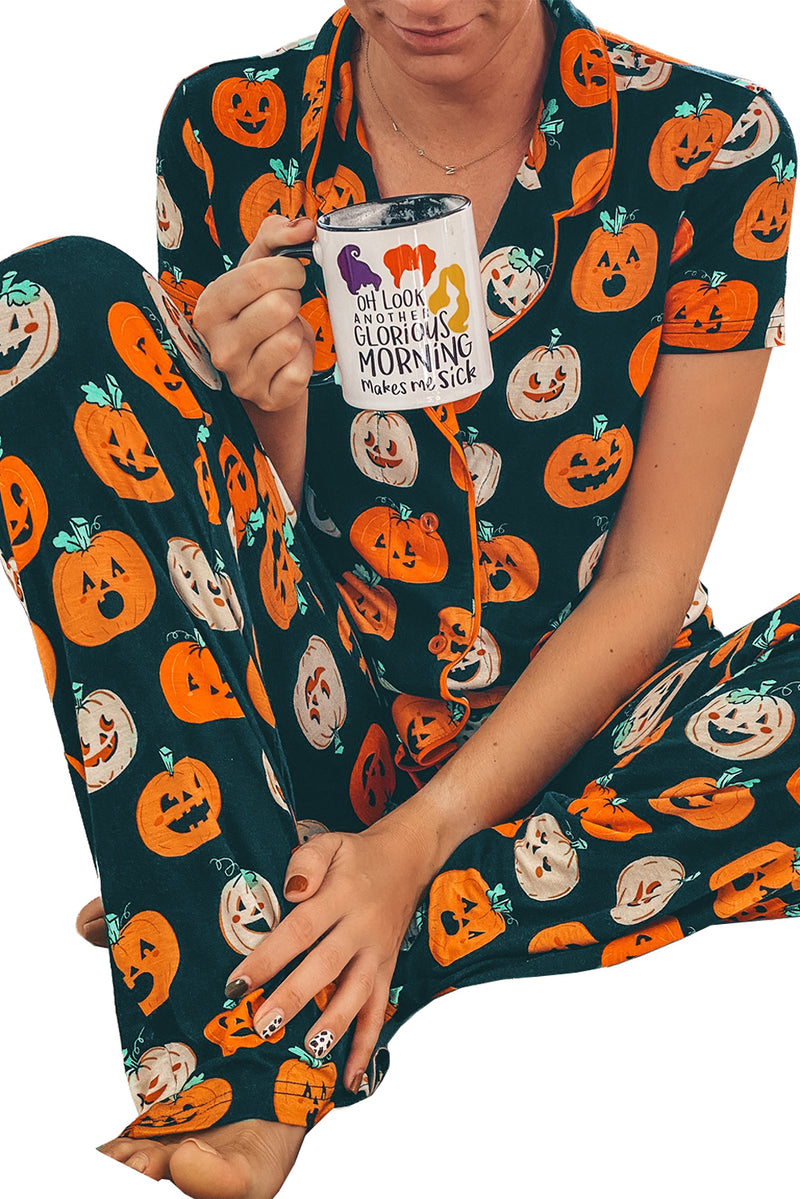 Orange Halloween Pumpkin Short Sleeve Shirt Pajama Set