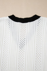 White Contrast Trim Eyelet Knit V Neck Vest