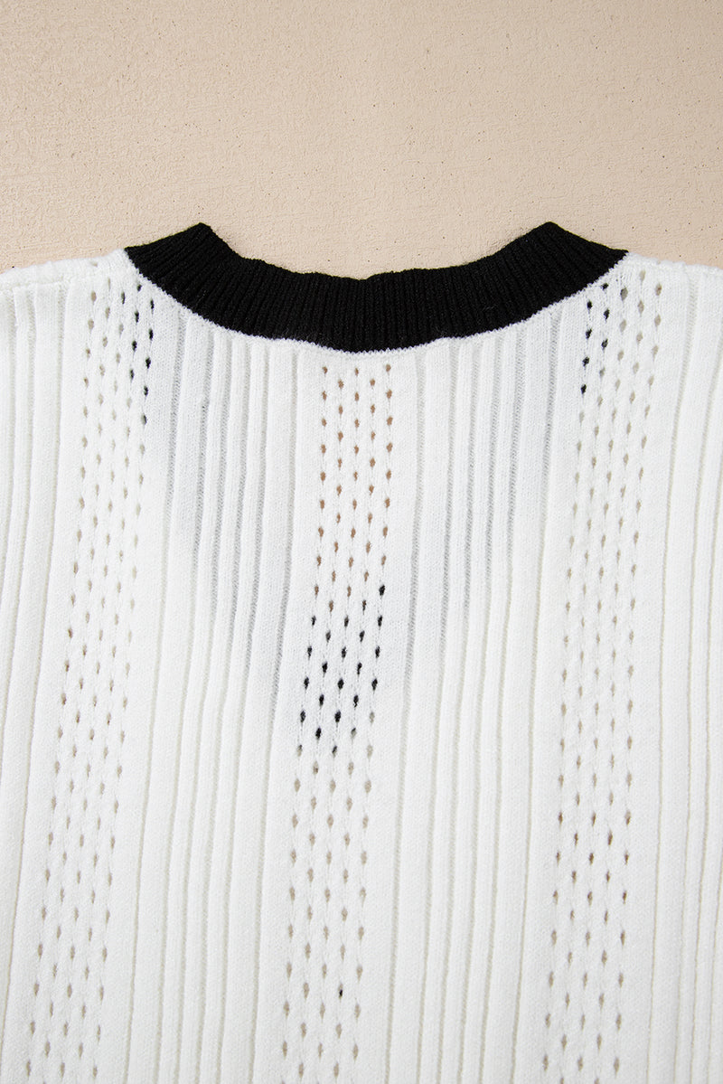 White Contrast Trim Eyelet Knit V Neck Vest