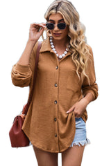 Khaki Pocket Buttons Front Waffle Knit Shacket