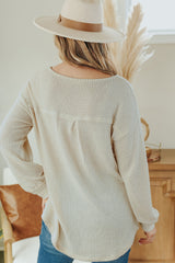 Beige Split V Neck Patch Pocket Waffle Knit Long Sleeve Top