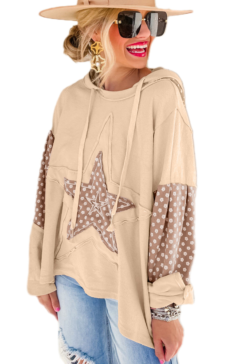 Apricot Floral Patchwork Star Pattern Drawstring Hoodie