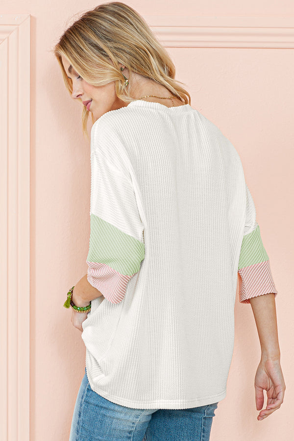 White Ribbed Colorblock Drop Sleeve Top