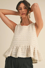 White Frayed Textured Ruffle Hem Sleeveless Top