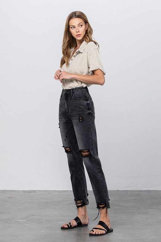 HIGH WAIST MOM FIT BLACK ANKLE JEANS