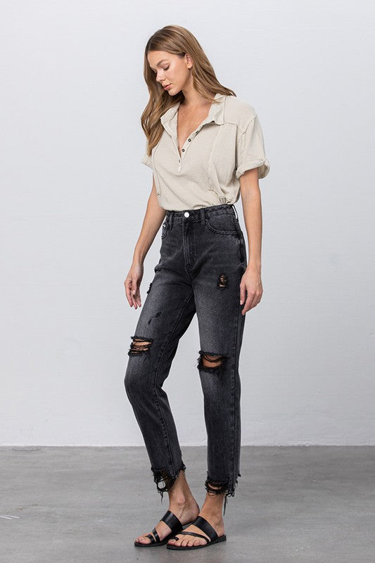 HIGH WAIST MOM FIT BLACK ANKLE JEANS