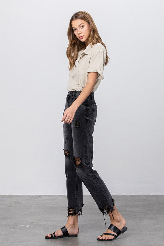 HIGH WAIST MOM FIT BLACK ANKLE JEANS