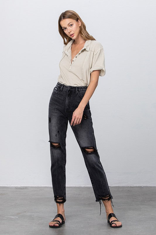 HIGH WAIST MOM FIT BLACK ANKLE JEANS