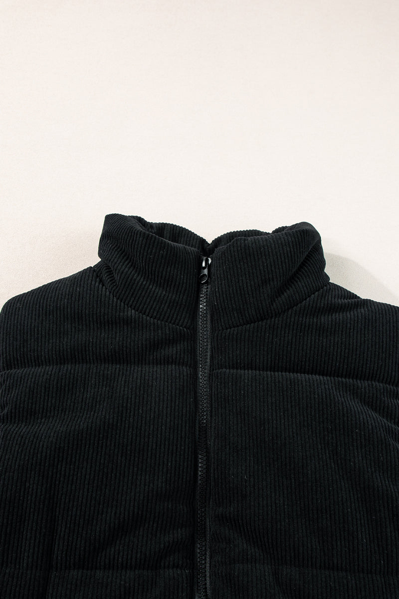 Black Solid Color Corduroy Puffer Vest Coat