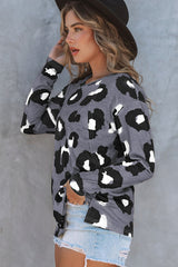 White Leopard Print Casual Loose Long Sleeve Top