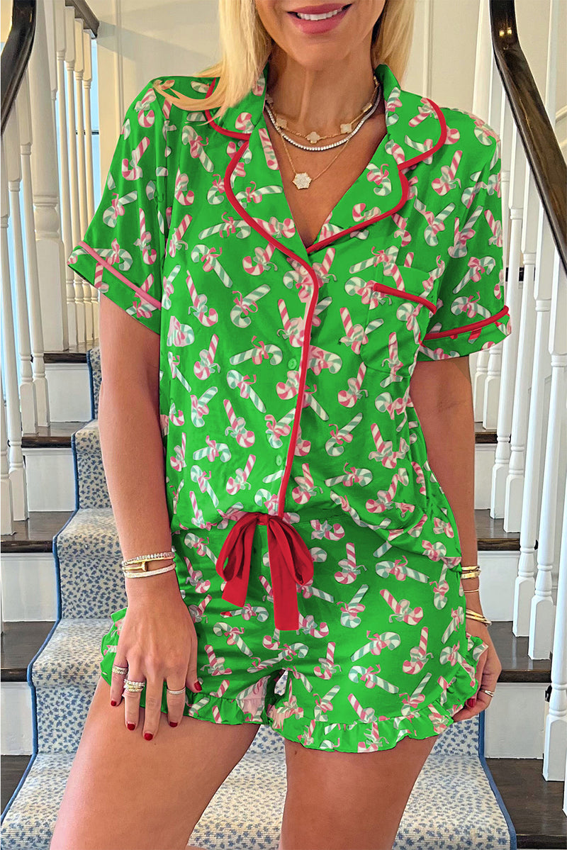 Green Christmas Candy Cane Print Ruffle Hem Pajama Set