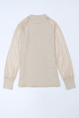 Apricot Ribbed Solid Color Striped Mesh Long Sleeve Top