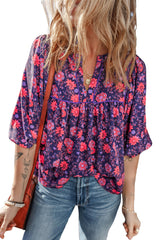 Purple Floral Puff Half Sleeve Split Neck Blouse