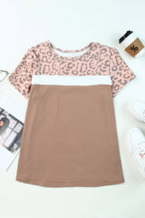 Khaki Leopard Casual Color Block T Shirt