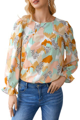 Multicolor Abstract Print Boho Ruffle Puff Sleeve Blouse