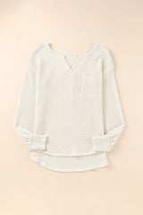 Beige Split V Neck Patch Pocket Waffle Knit Long Sleeve Top