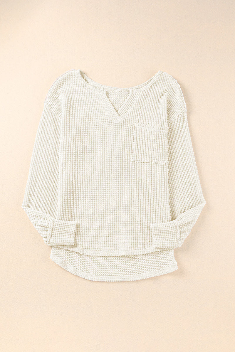 Beige Split V Neck Patch Pocket Waffle Knit Long Sleeve Top