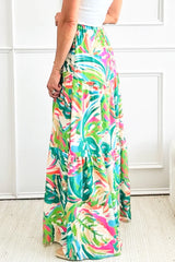 Green Abstract Printed High Waist Tiered Maxi Skirt