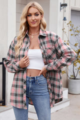 Pink Plaid Print Button Up Round Hem Shirt