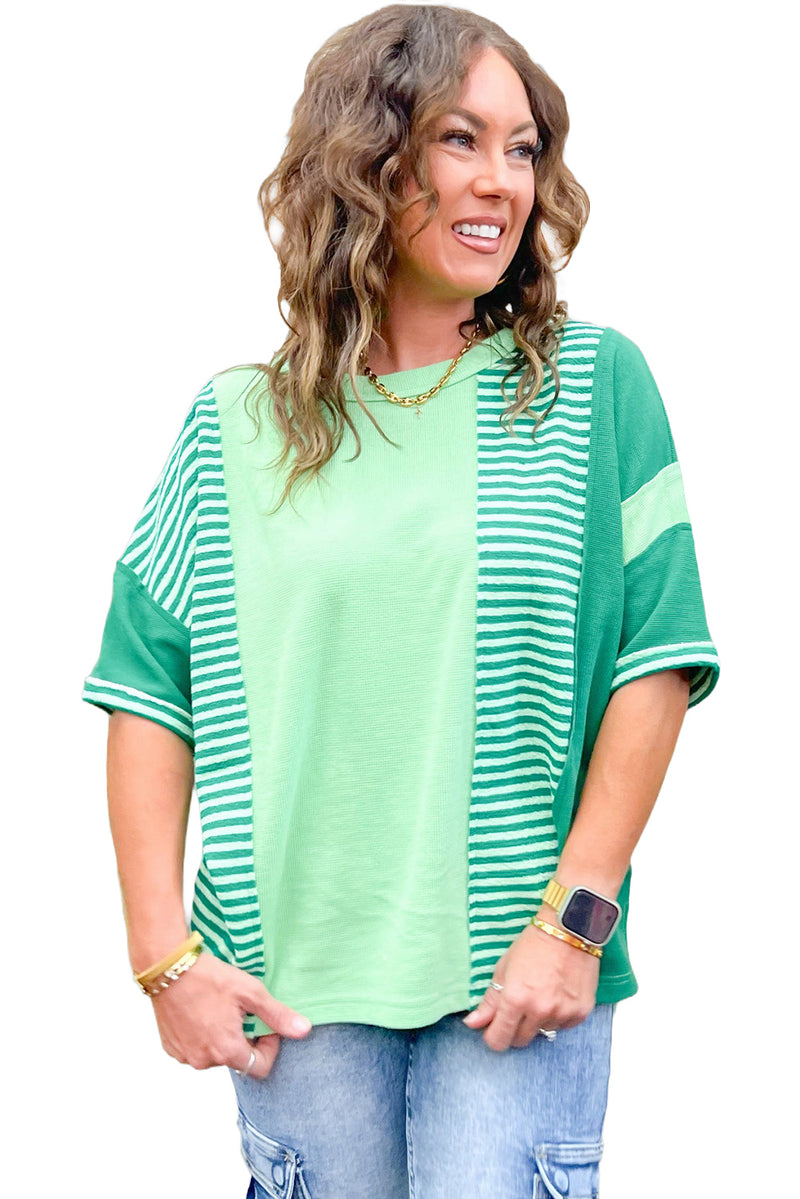 Green Stripe Waffle Patchwork Plus Size T-Shirt