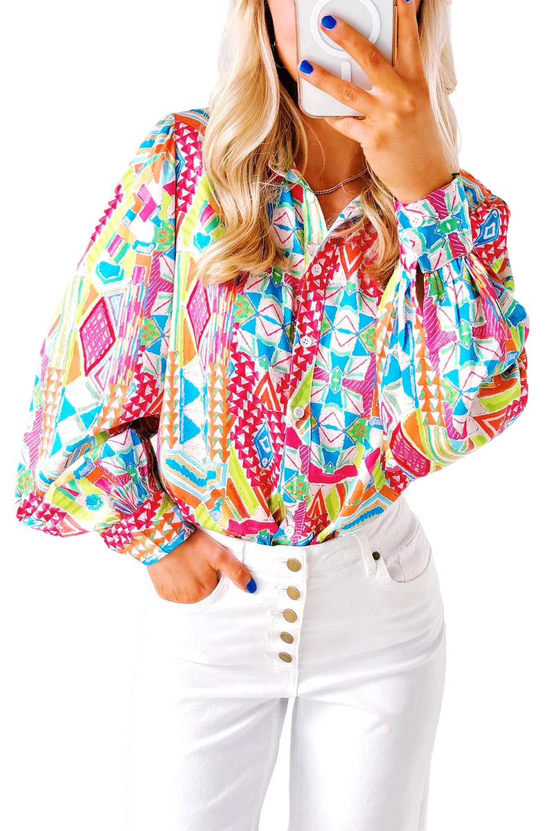 Multicolour Abstract Print Button Lantern Sleeve Shirt