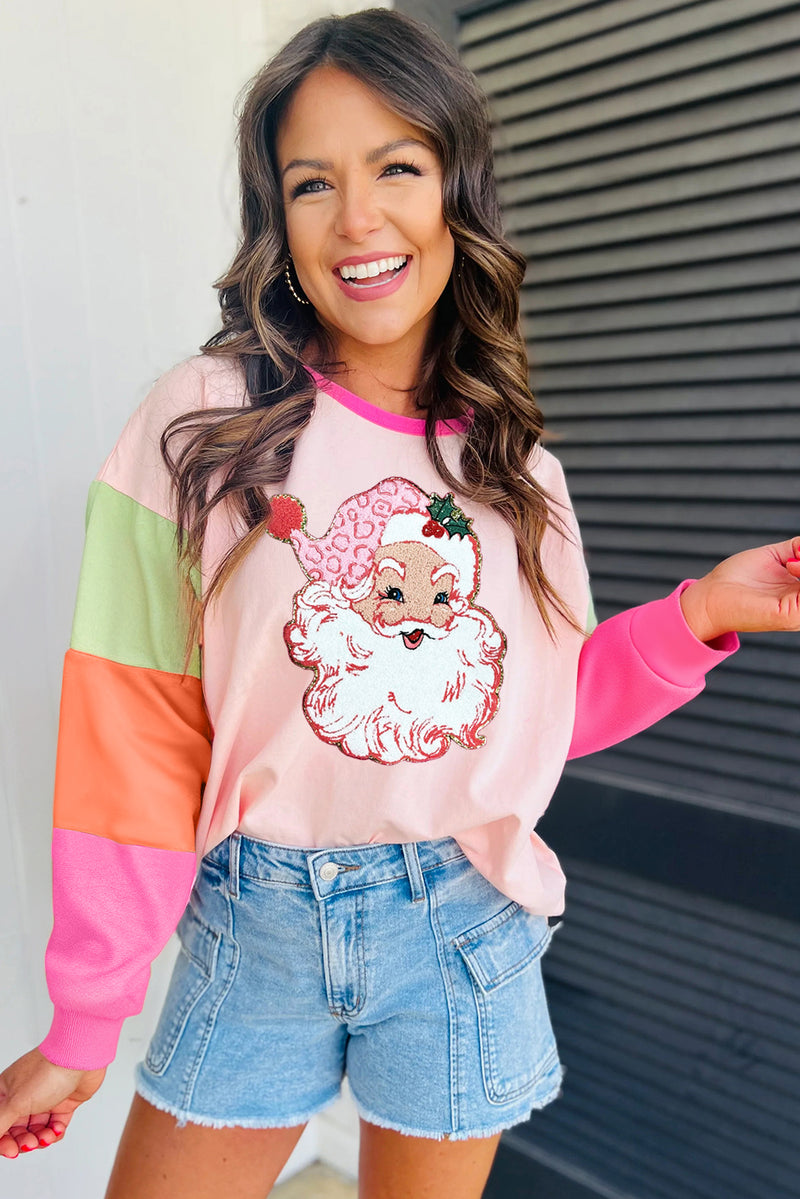 Pink Casual Colorblock Santa Claus Graphic Sweatshirt