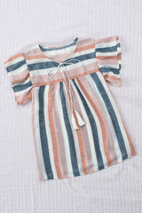 Pink and Blue Stripes Shirt Flutter Sleeve V Neck Blouse for Women